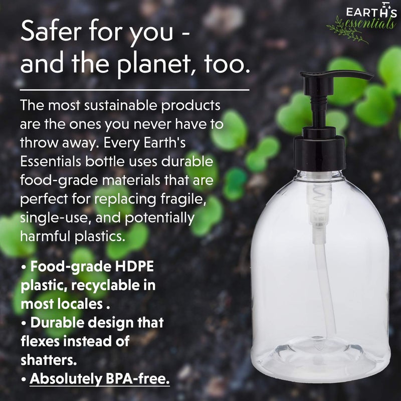 Earth's Essentials (2 Pack) Earth's Essentials Versatile 16 Ounce Refillable Designer Pump Bottles. Excellent Liquid Hand Soap, Homemade Lotion, Shampoo and Massage Oil Dispensers. Shatterproof PET Plastic. - Image 4